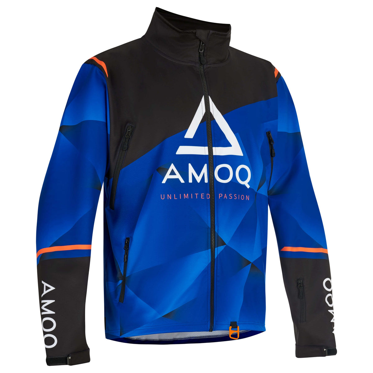 AMOQ Apex V2 Racing softshell skoterjacka i svart, blått och orange